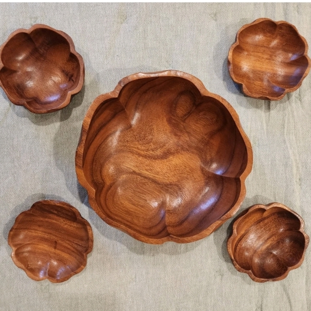 Vintage Solid Wood Bowl Serving Set Of 5 Salad Handcrafted 70s Kitchen Boho MCM